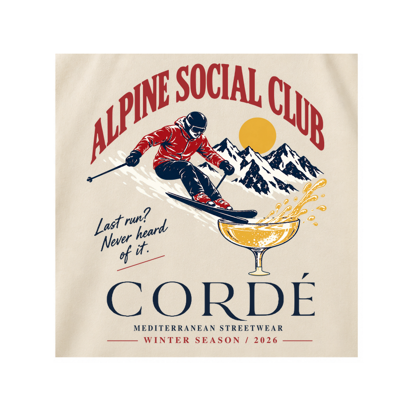 CORDÉ Cream longsleeve, back detail: Alpine Social Club skier and champagne illustration.