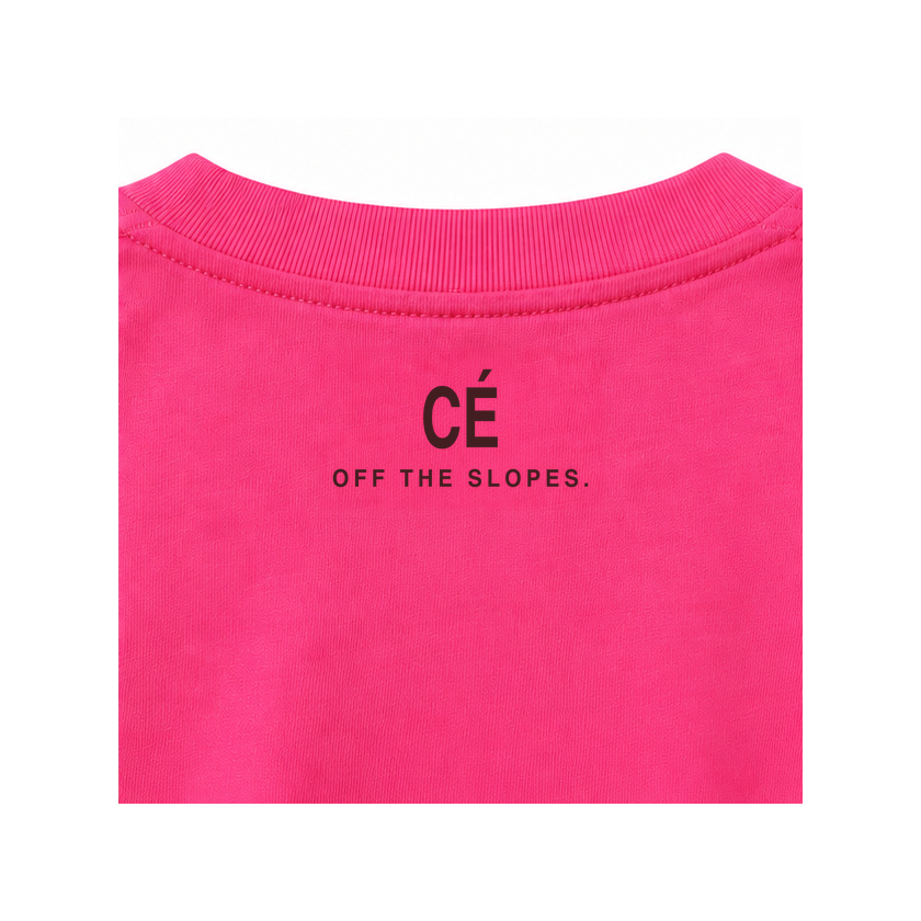 CORDÉ Hot Pink longsleeve, back detail: small CÉ Off the Slopes graphic.