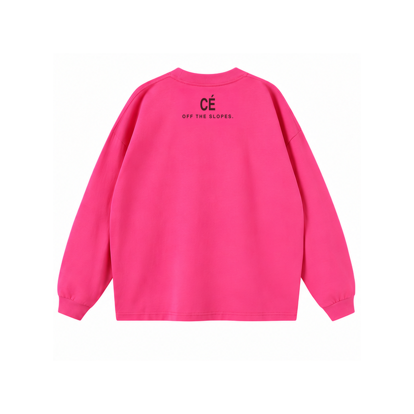 CORDÉ Hot Pink longsleeve, back: small CÉ Off the Slopes graphic.