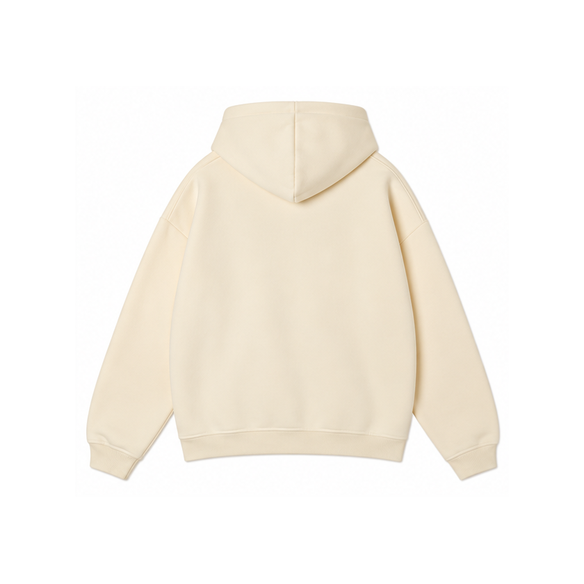 CORDÉ Cream hoodie, back: plain back and hood.