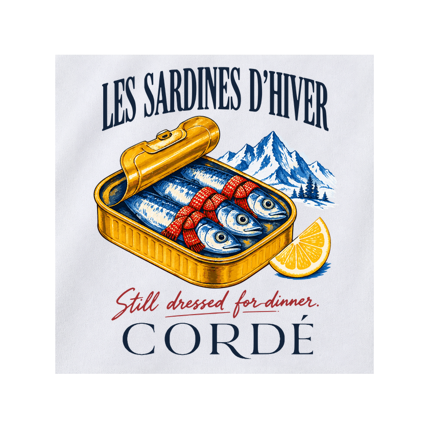 CORDÉ White T-shirt, back detail: sardine tin, red scarves, lemon and mountains.