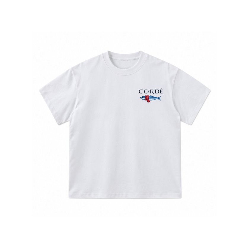 CORDÉ White T-shirt, front: CORDÉ logo and a sardine wearing a scarf.