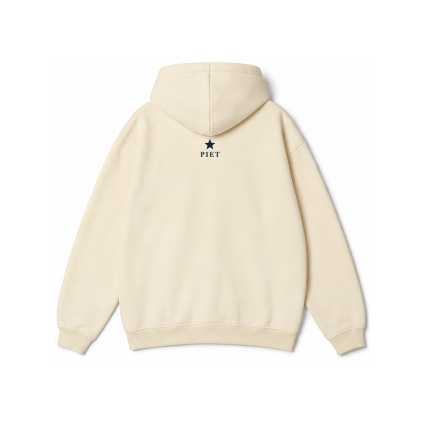 CORDÉ Cream hoodie, back: small navy star and Piet signature.