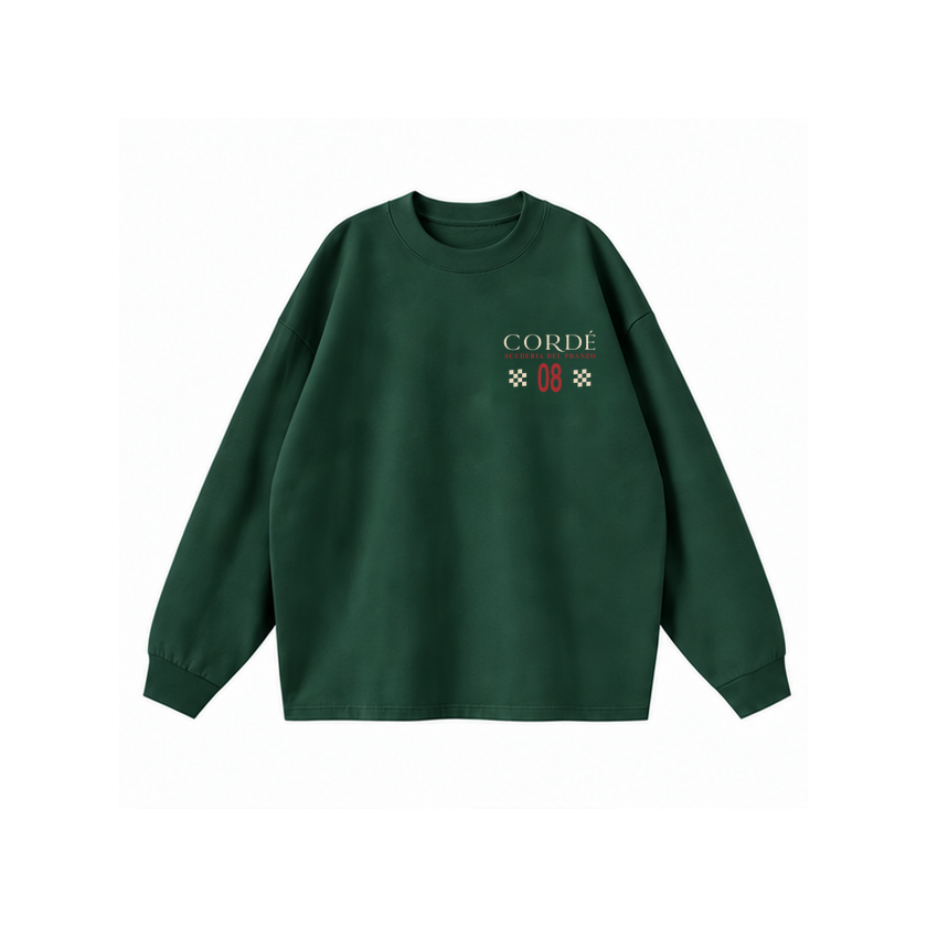 CORDÉ Forest Green longsleeve, front: CORDÉ racing signature, flags and number 08.