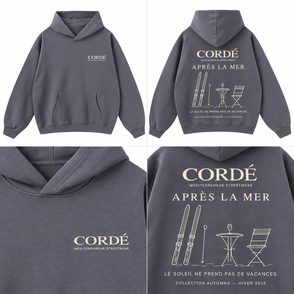 CORDÉ Après La Mer grey AK15 hoodie — front, back and print details.