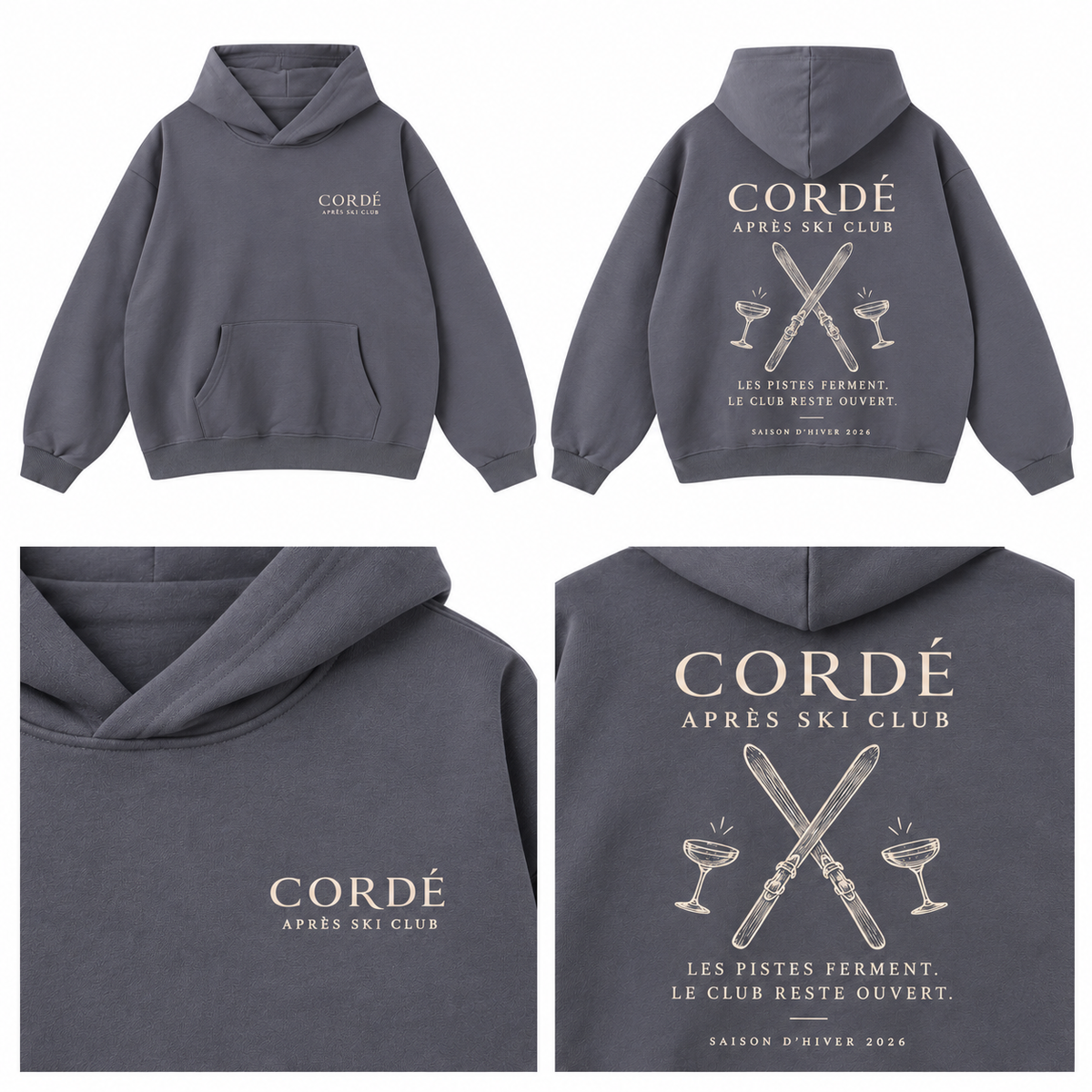 CORDÉ Après-Ski Club grey AK15 hoodie — front, back and print details.