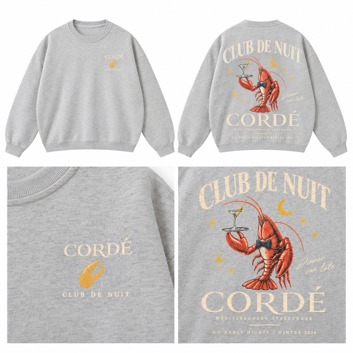 CORDÉ Club de Nuit light grey crewneck sweater — front, back and lobster print details.