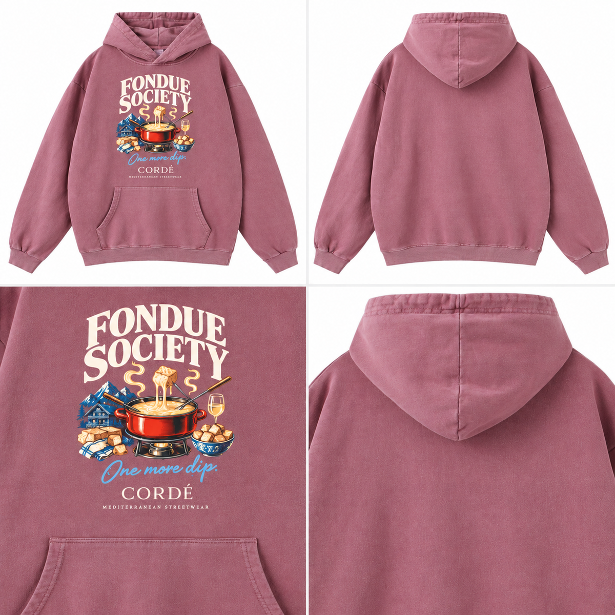 CORDÉ Fondue Society Hoodie in Brick Red: front, plain back and print details.