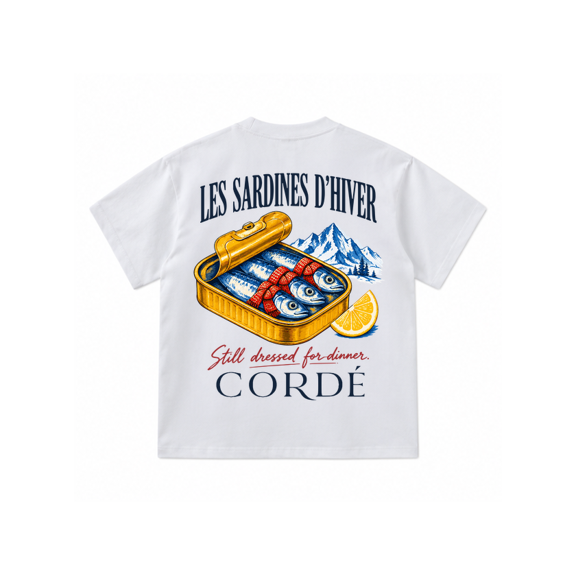 CORDÉ White T-shirt, back: sardine tin, red scarves, lemon and mountains.
