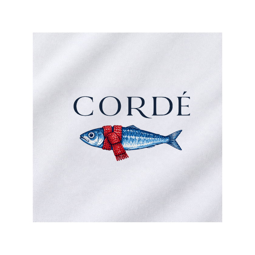 CORDÉ White T-shirt, front detail: CORDÉ logo and a sardine wearing a scarf.
