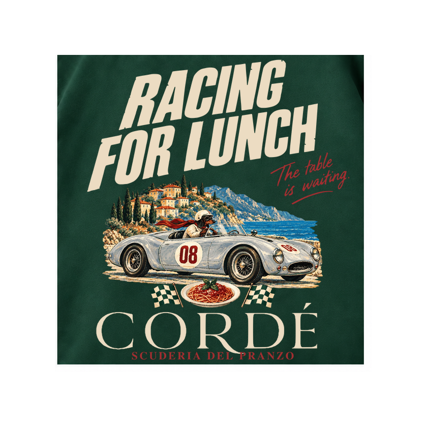 CORDÉ Forest Green longsleeve, back detail: silver roadster, coastal village and plate of pasta.