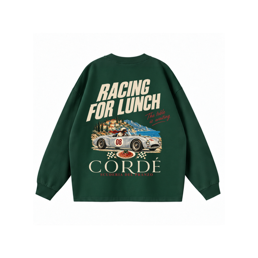 CORDÉ Forest Green longsleeve, back: silver roadster, coastal village and plate of pasta.