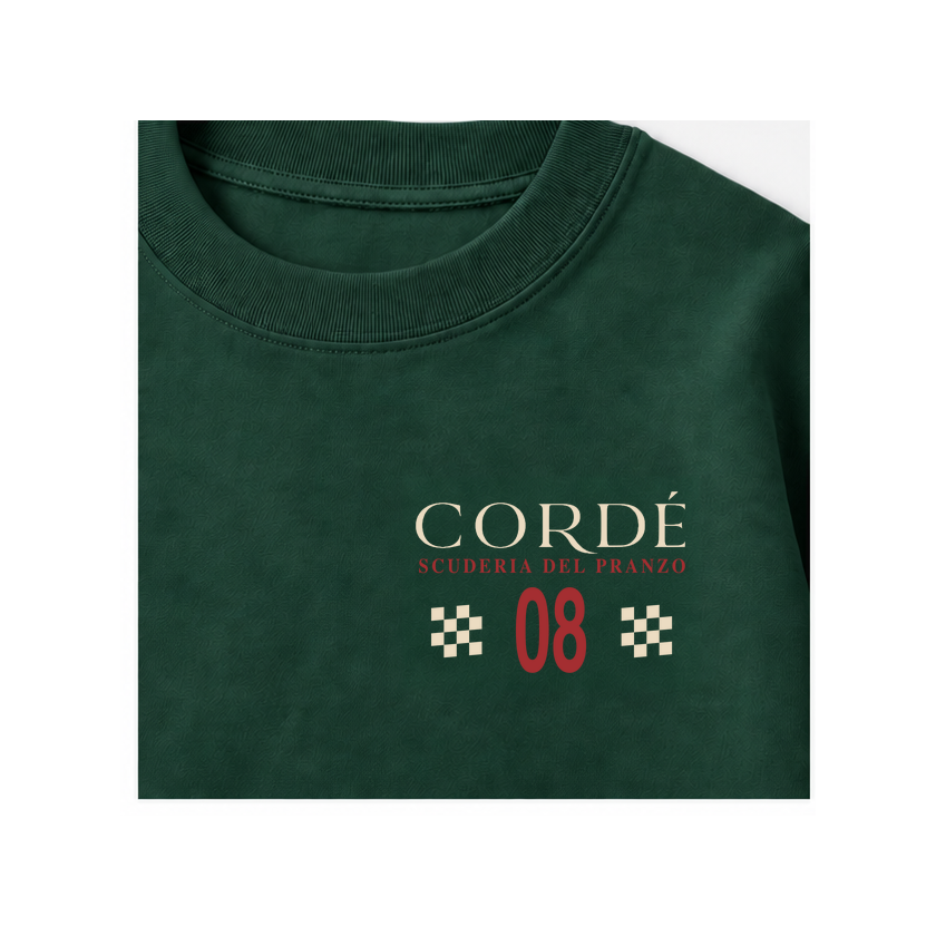 CORDÉ Forest Green longsleeve, front detail: CORDÉ racing signature, flags and number 08.