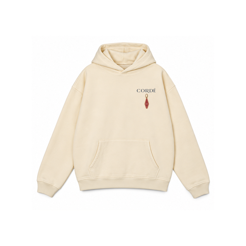 CORDÉ Cream hoodie, front: CORDÉ logo and room key 221.