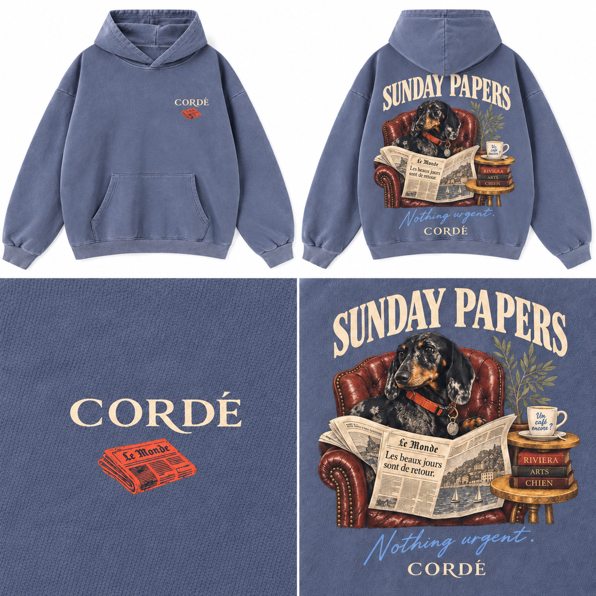 CORDÉ Sunday Papers Haze Blue hoodie — front, back and Piet newspaper print details.